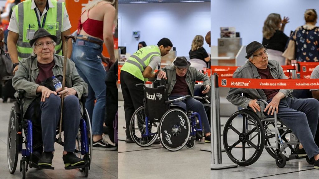 Aos 74 anos, ator Marco Nanini, usando cadeira de rodas, teve a ajuda dos funcionários do aeroporto Santos Dumont